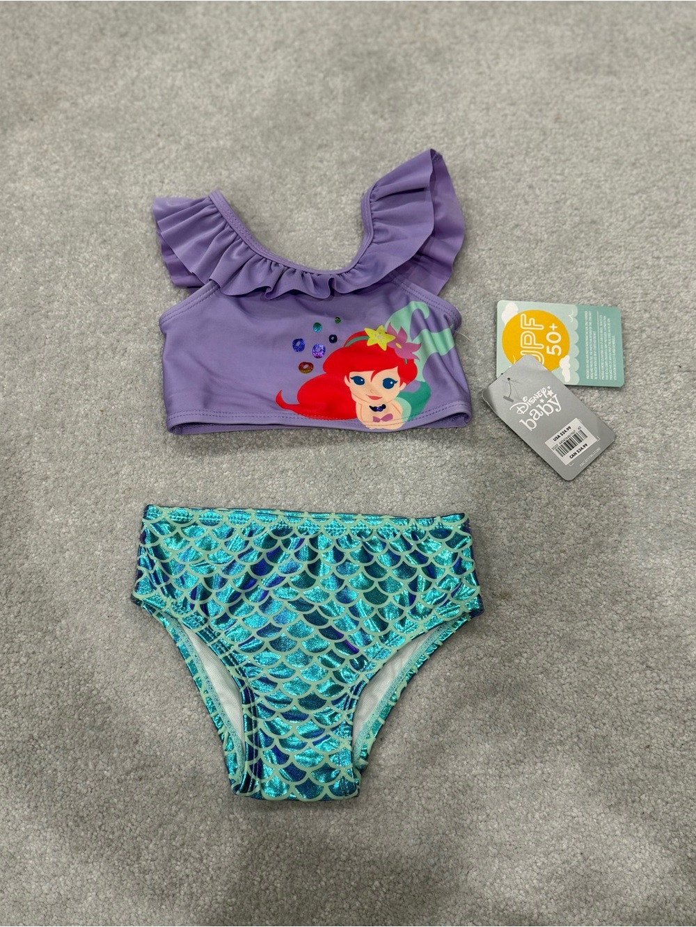 Disney Girls Ariel Two-Piece Swim Set - Purple Top & Teal Scale Bottoms
